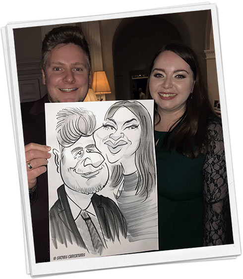 Wedding guests have a caricature momento Wedding guests show off and take home a caricature