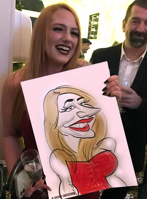 lady in red dress in cartoon pretty lady in red dress holding a caricature