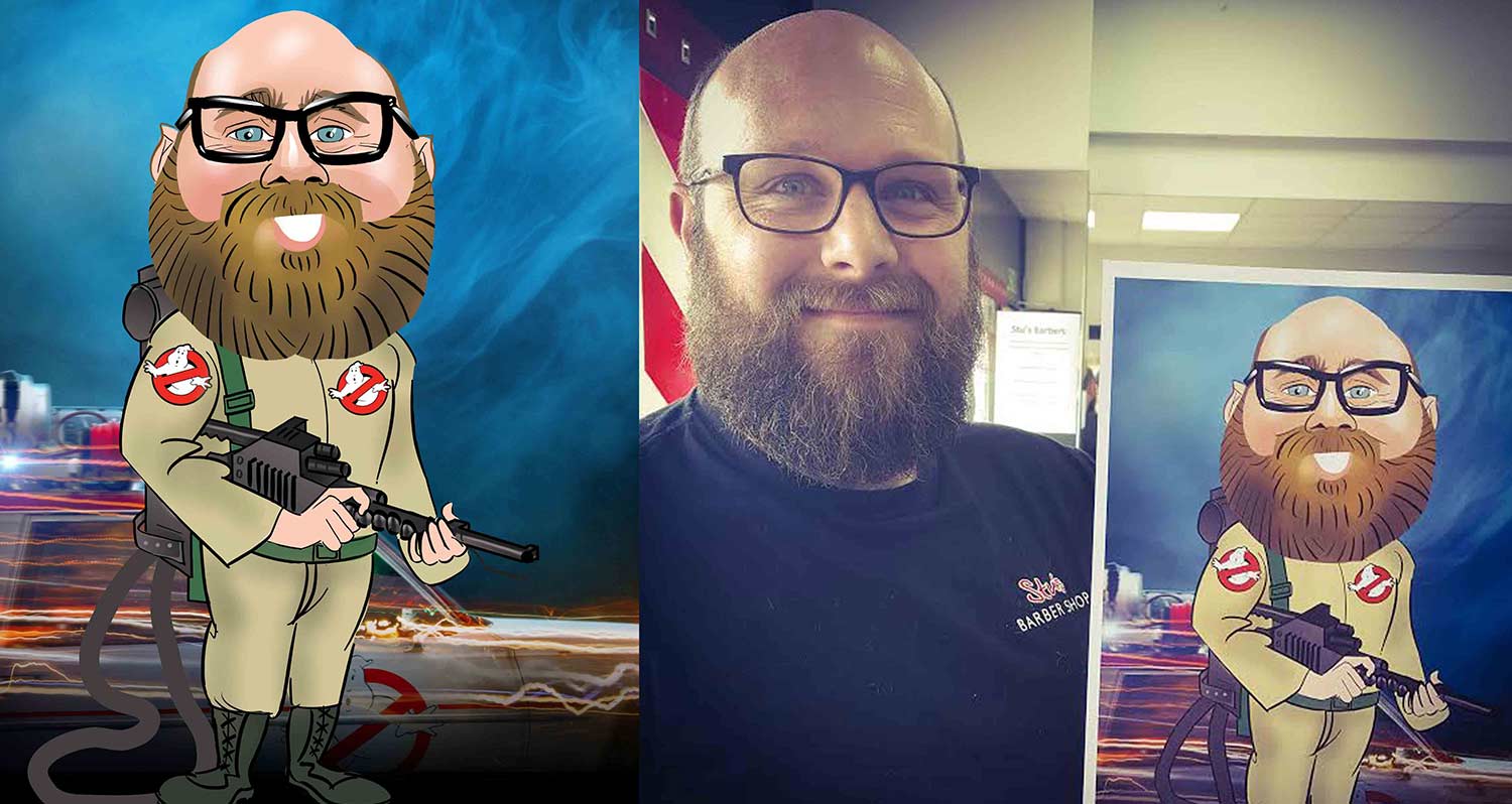 Digital Caricature man holding his caricature dressed as a ghost buster