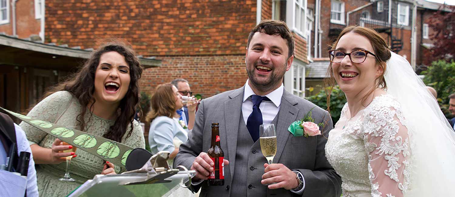 groom and bride chuckle